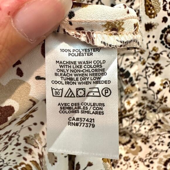 ANN TAYLOR | Button Down Blouse Ivory Brown Floral Ruffle Trim Top | Size Medium - Picture 7 of 7
